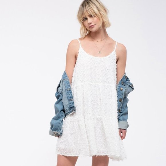 ⚡FINAL SALE! White Eyelash Fringe Tiered Babydoll Dress - Picture 2 of 6
